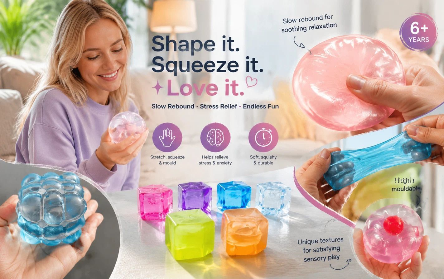 Pastel Pink Ice Cube Squishy 5cm 2 Pack, Double Calming Desk Fidget