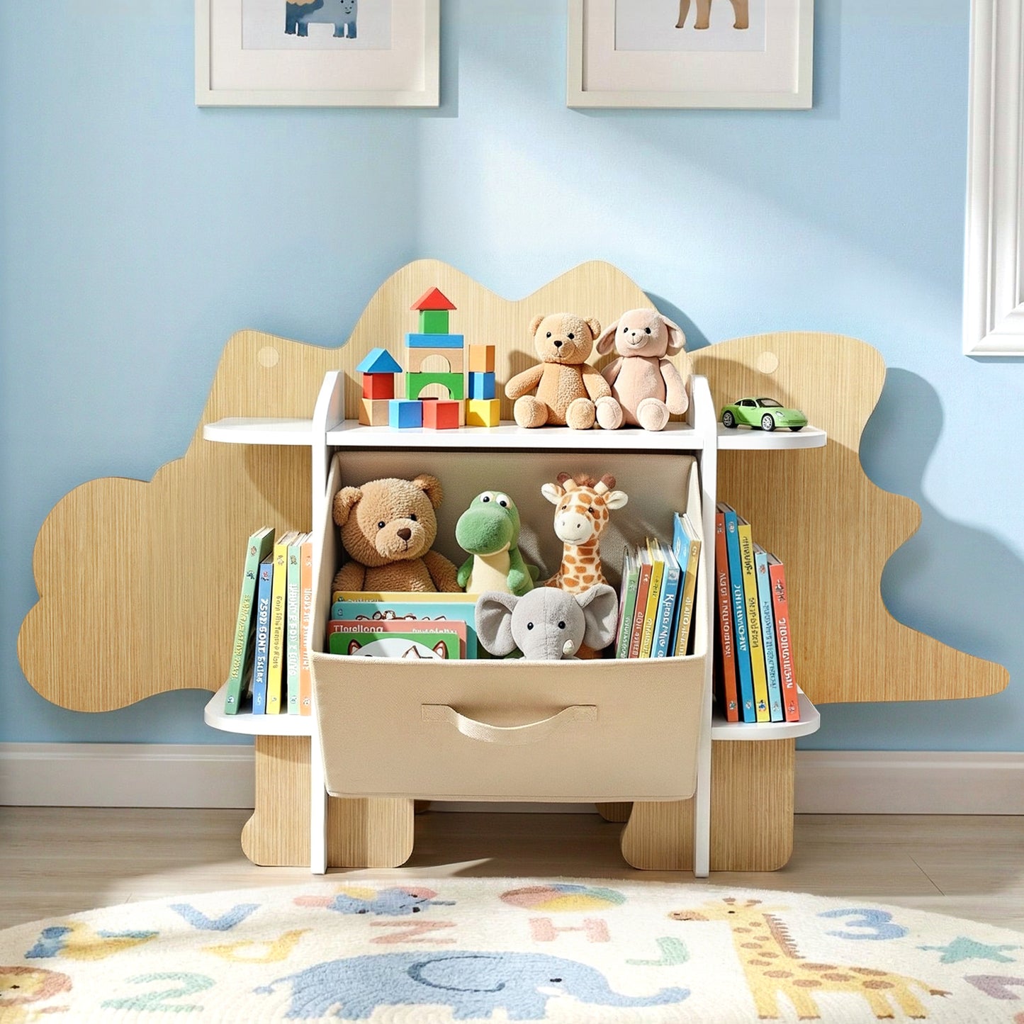Keezi Dinosaur Kids Bookshelf 2-Tier Children's Bookcase Wooden with with Fabric Drawer, Toddler Bookshelf Toy Storage Organizer for Preschool, Kids Room, Playroom, Nursery