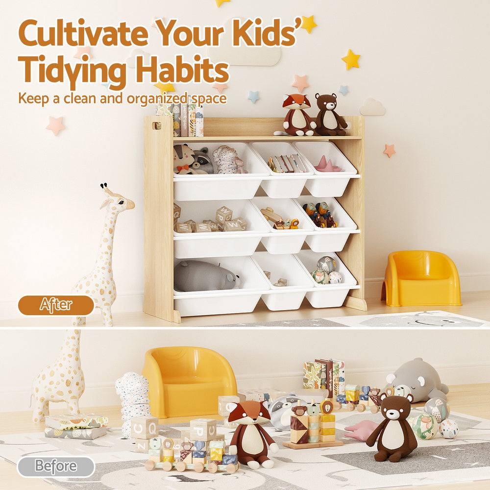 Keezi Kids Toy Box 9 Bins Bookshelf Organiser Display Shelf Storage Rack Wooden