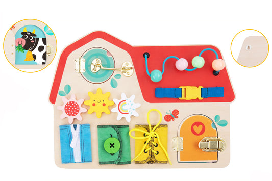 Wooden Busy Board with latches and laces