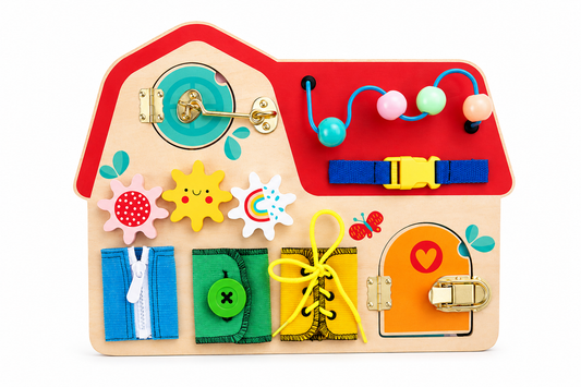 Wooden Busy Board – fine motor fastening activities