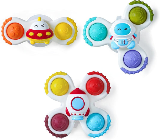 Strong Suction Cup Fidget Rotating Sensory Bath Toys for Baby Christmas Stocking Stuffers, Airplane Car Travel Table & Window Toys for Toddler Boys and Girls, 10+ Months