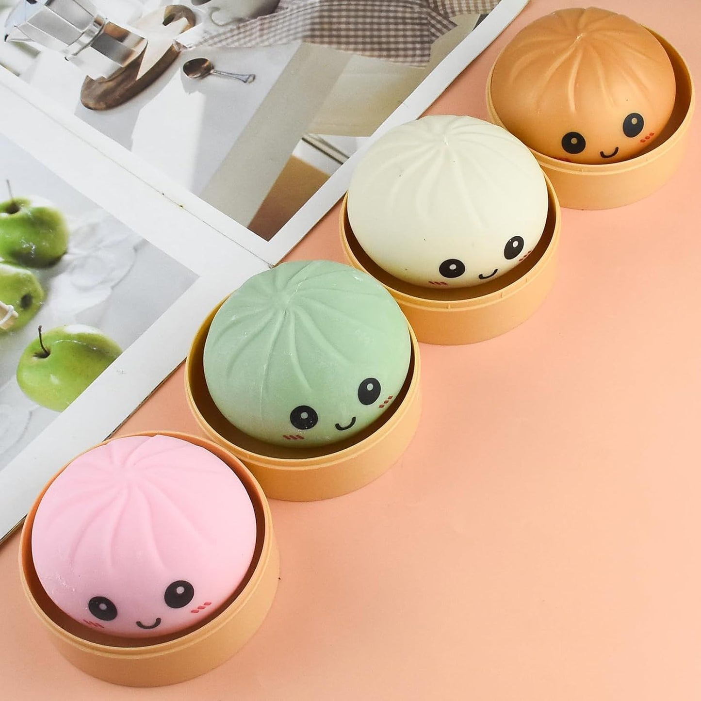 4 PCS Smiling face Colorful Dumpling Stress Balls Fidget Sensory Toy,Squeeze Dough Ball Stress Relief Hand Toy,Bun with Food Steamer Stretchy Desk Toys