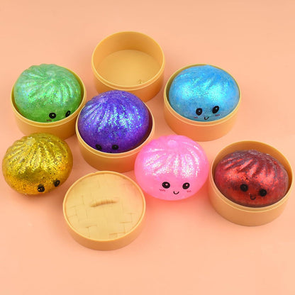 6 PCS Glitter Smiling face Colorful Dumpling Stress Balls Fidget Sensory Toy,Squeeze Dough Ball Stress Relief Hand Toy,Bun with Food Steamer Stretchy Desk Toys