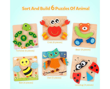 Wooden Jigsaw Puzzle Set, 6 Pack Animal Shape Color Montessori Toy, Fine Motor Skill Early Learning Gift