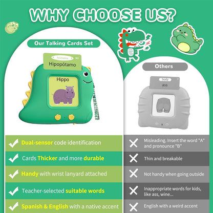 Little Green Dinosaur [112 cards] Bilingual Early Learning Flash Card Reader - Interactive Audio Toy for Toddlers