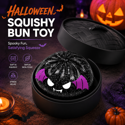 (Black Mini Bread) Halloween Slow-Rebound Soft Mini Bread Toy, 8.5cm, Stress-Relieving Squeeze Toy, Soft Food-Shaped Sensory Decompression Toy, with Storage Basket, Suitable for Teenagers and Adults, Party Gift