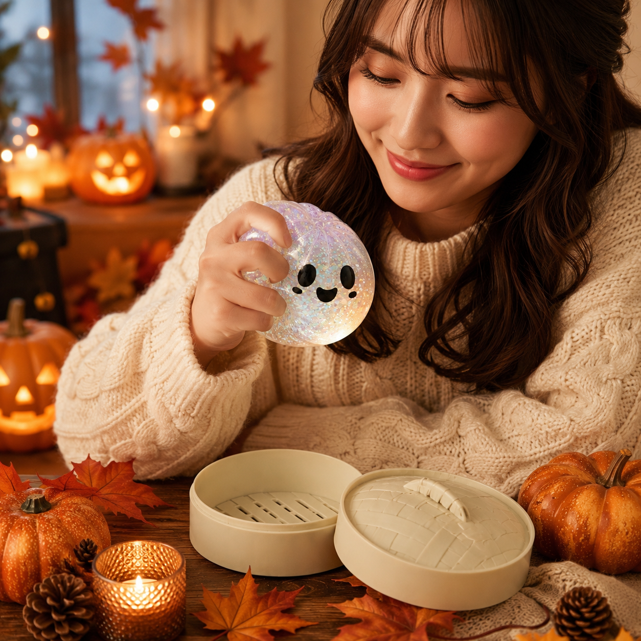 (White steamed buns) Halloween Slow-Rebound Soft Mini Bread Toy, 8.5cm, Stress-Relieving Squeeze Toy, Soft Food-Shaped Sensory Decompression Toy, with Storage Basket, Suitable for Teenagers and Adults, Party Gift