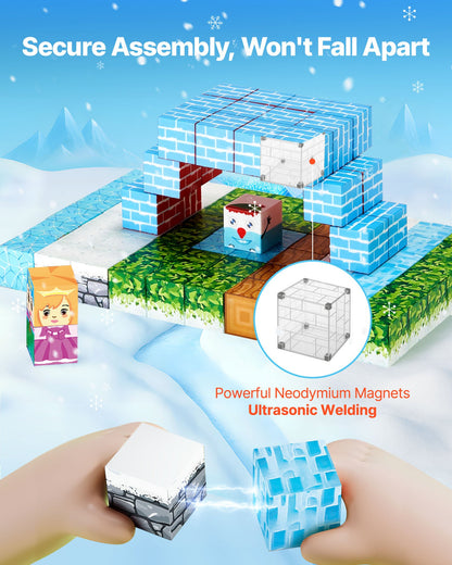 Magnetic Blocks, 150 PCS Glacier Castle Set, Magnetic Building Cubes for Kids, STEM Montessori Sensory Toys for Christmas Birthday Gift, Construction Stacking Toy for 3+ Years Old Boys & Girls