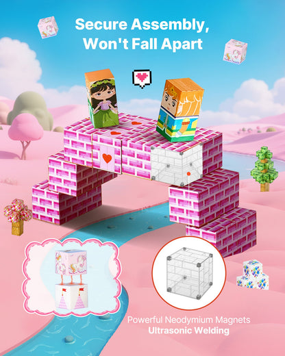 Magnetic Blocks, 100 PCS Princess Castle Set, Magnetic Building Cubes for Kids, STEM Montessori Sensory Toys for Christmas Birthday Gift, Construction Stacking Toy for 3+ Years Old Boys & Girls