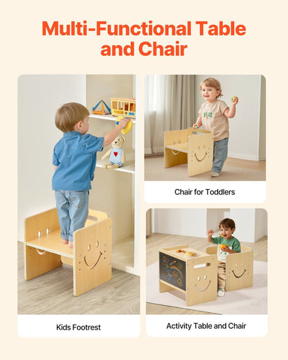 Montessori Weaning Table and Chair Set, 3 In 1 Wooden Toddler Table and Chairs with Chalkboard, Adjustable Height Montessori Table for Ages 1-5, Ideal for Drawing, Reading, Eating - Natural