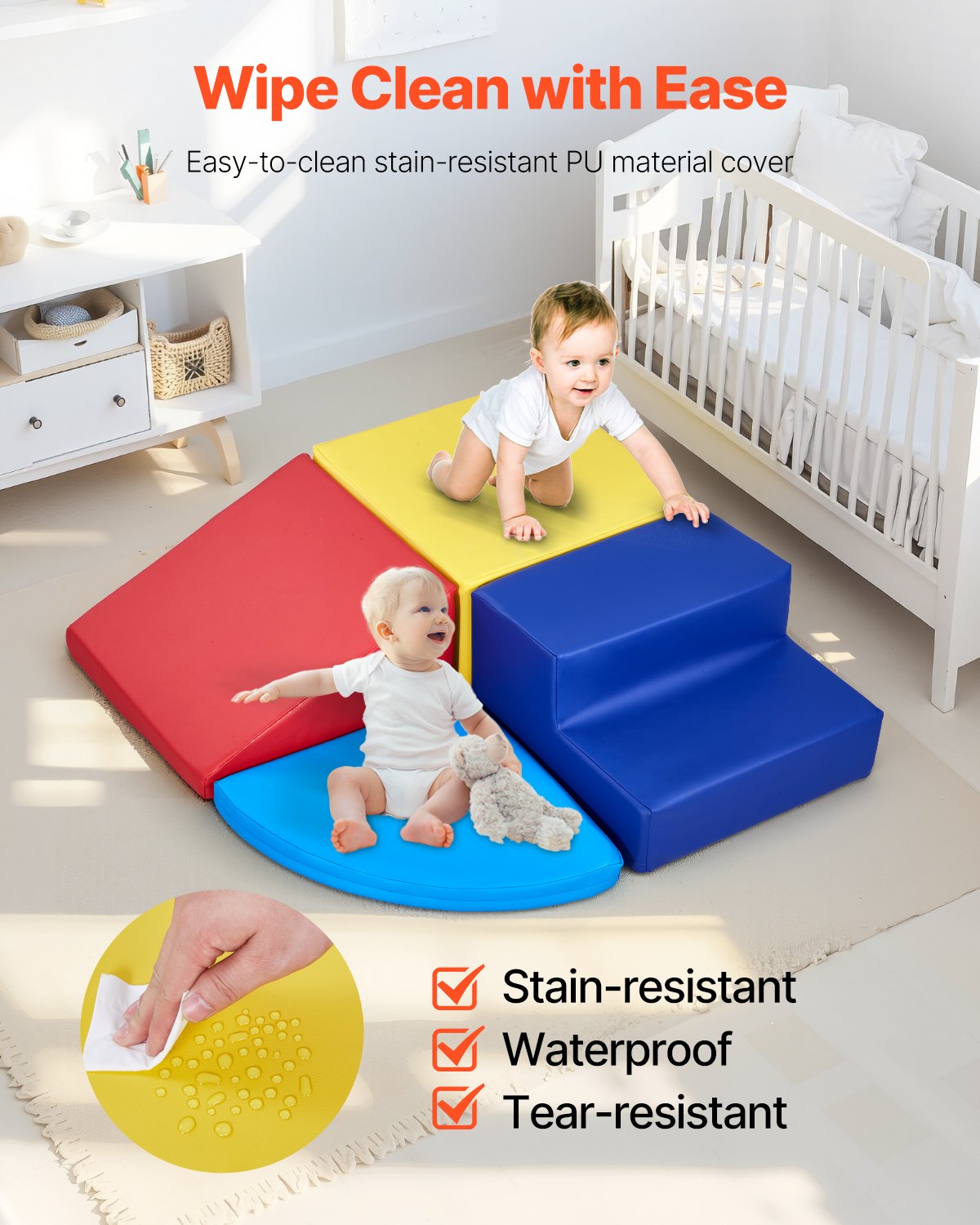 Climbing Toys, 4-Piece Set, Foam Climbing Toys for Toddlers 6 Months to 3 Years Old, PU Leather Climbing Blocks, Indoor Climb and Crawl Activity Playset for Crawling & Sliding, Easy to Clean