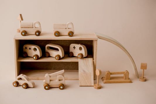Vehicle Play Set | Wooden Cars, Signs & Garage